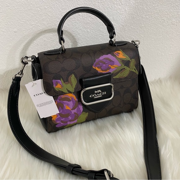 NWT! Coach Morgan Top Handle Satchel Signature Canvas Wih Rose Print - Picture 6 of 7